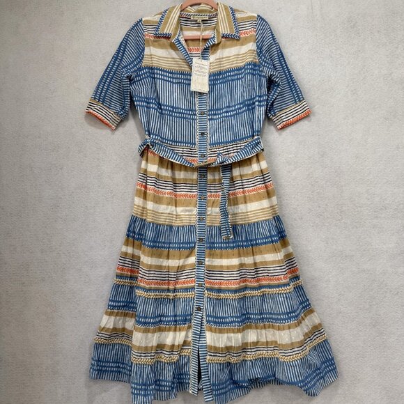 Ash & Eden Shirt Dress Womens Medium Blue Tan Stripe Belted Midi Cotton Collared - Picture 1 of 10
